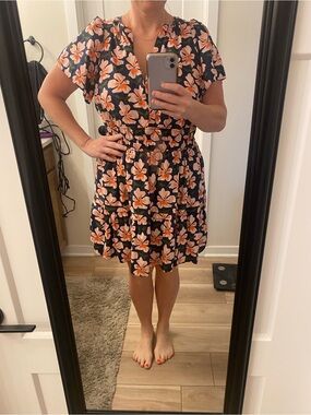 Anthropologie Navy Mini Dress with Coral Floral Print